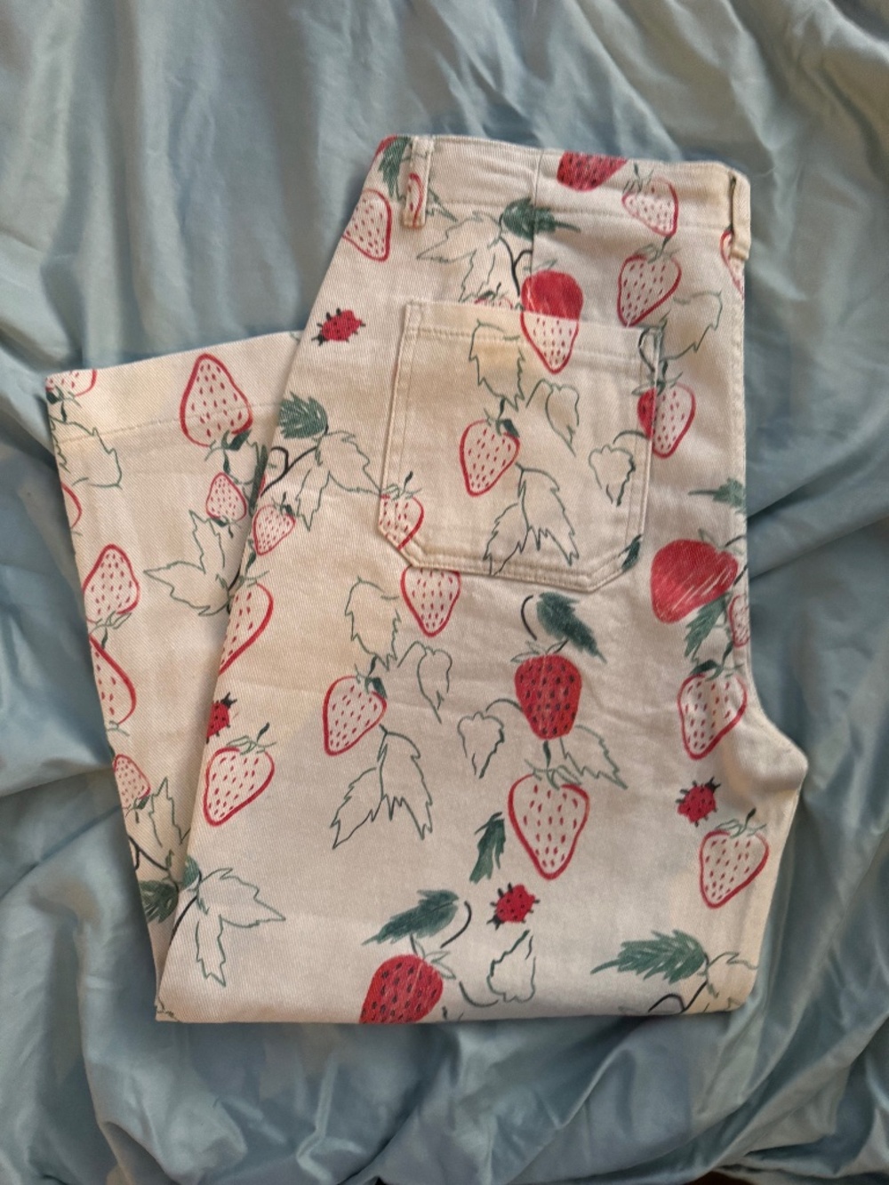 Jeans Strawberry Print Straight Leg Pants Size L White Red Fruit Novelty Twill